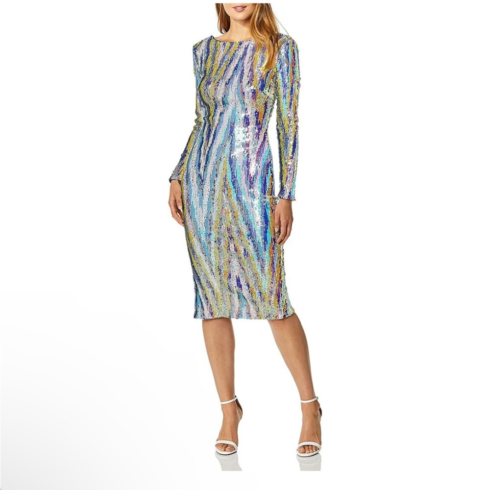 Dress the Population Women's Emery Long Sleeve Stretch Sequin Midi Sheath